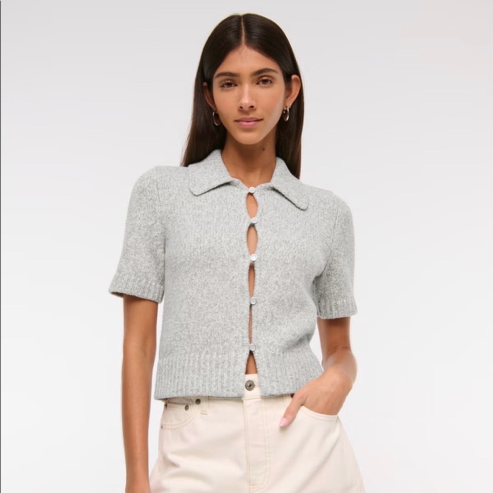 Grey Abercrombie & Fitch Short-Sleeve Collared Cardigan